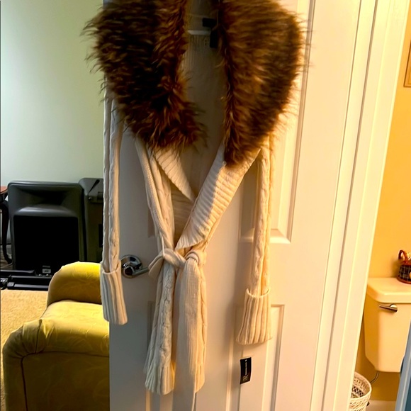 INC International Concepts Cream Cardigan with Brown Faux Fur - Picture 1 of 2